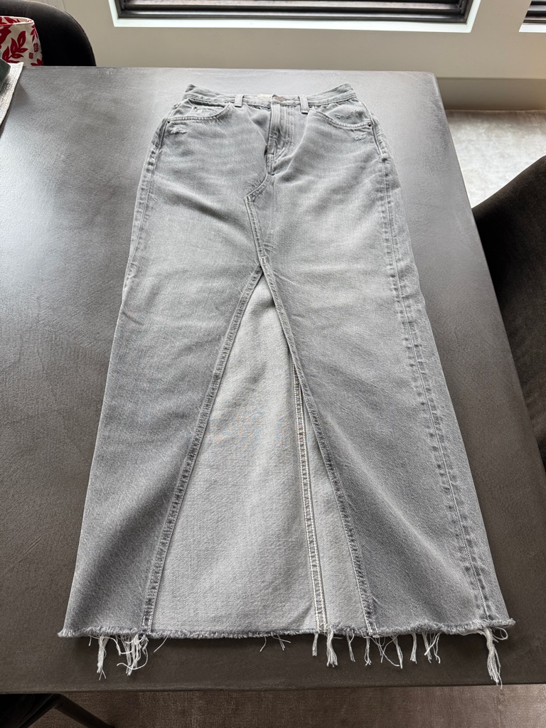 Etica High-Waist Gray Denim Maxi Skirt With Frayed Hem